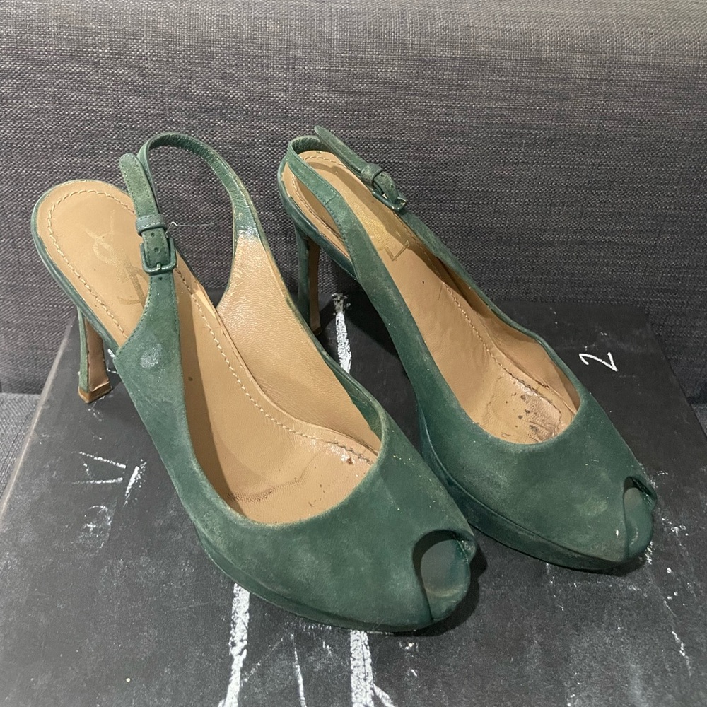 Saint Laurent Suede Green Peep Toe Sandal Heels 36 1/2